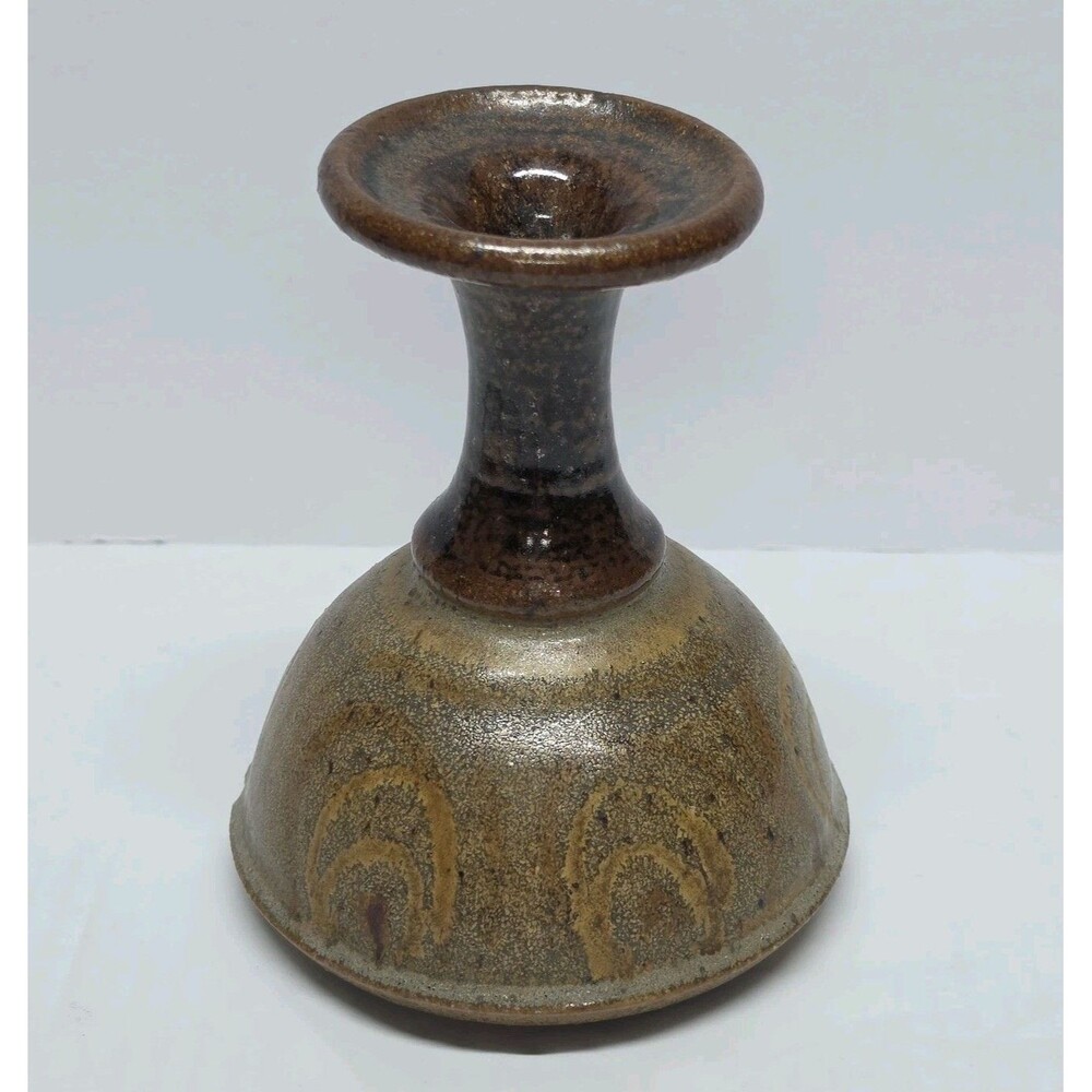 Vintage 70s Brown Stoneware Studio Pottery Glazed Bud Vase Signed Mink 1973